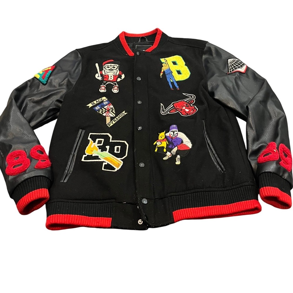 Black Pyramid Varsity Jacket Mens Medium Black‎ Red Patchwork Graphic Streetwear